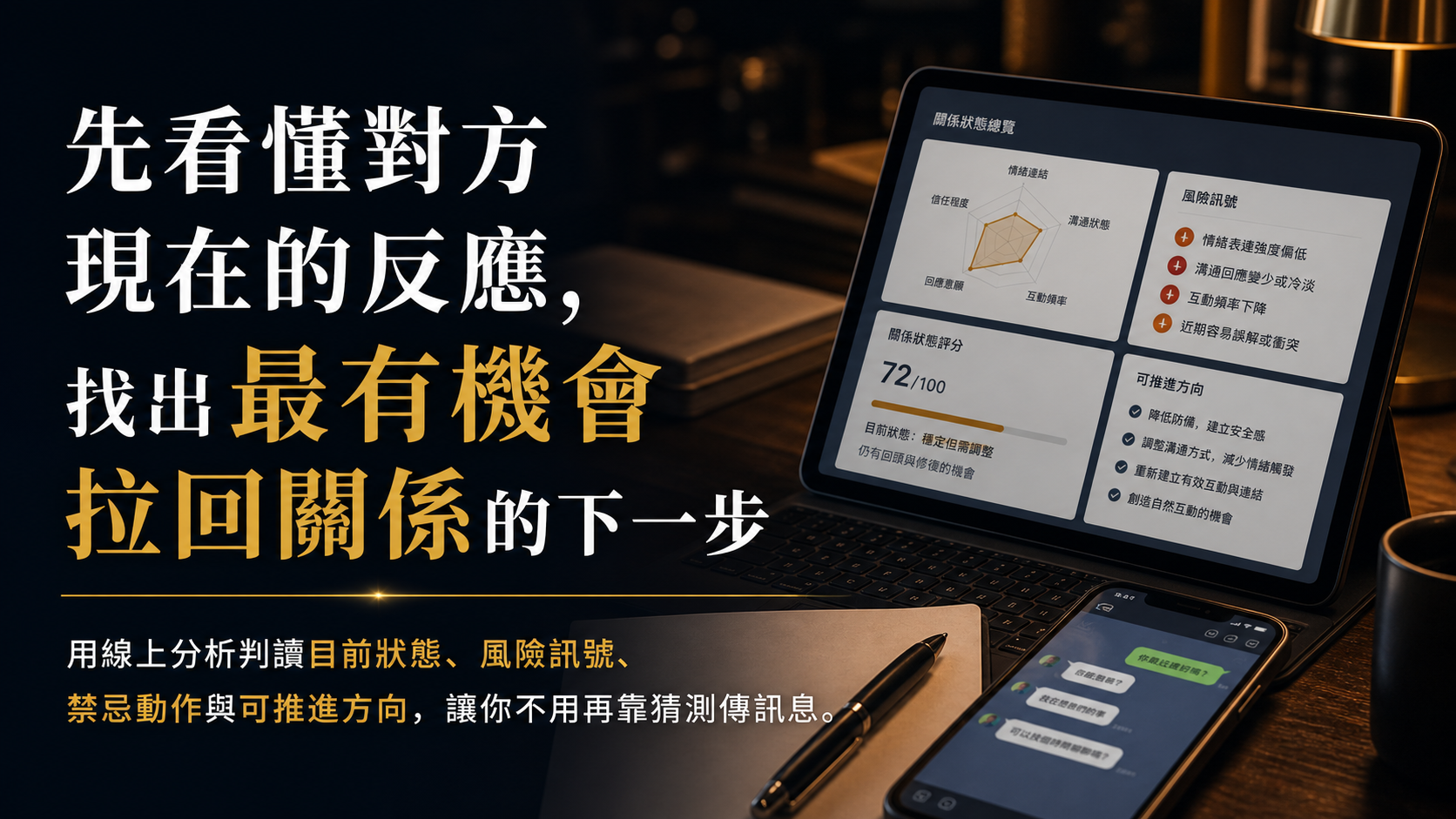 先看懂對方現在的反應,找出最有機會拉回關係的下一步。判讀狀態、風險與禁忌動作,不用再靠猜測傳訊息。