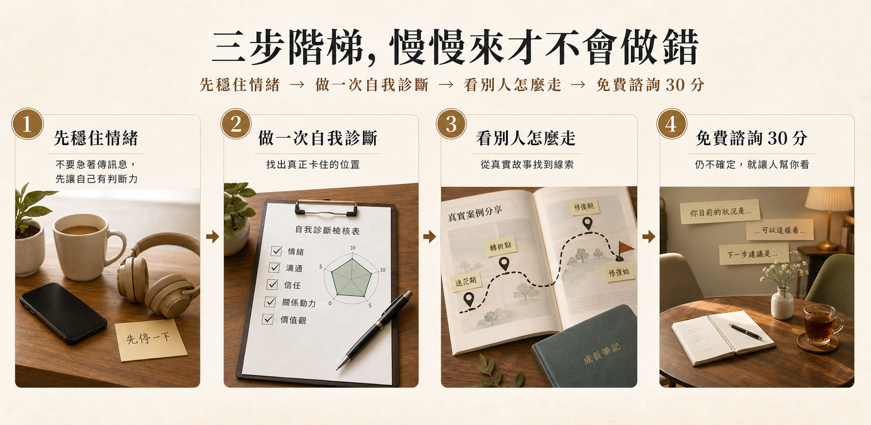 三步階梯圖文教學：先穩住情緒、做一次自我診斷、看別人怎麼走、免費諮詢 30 分